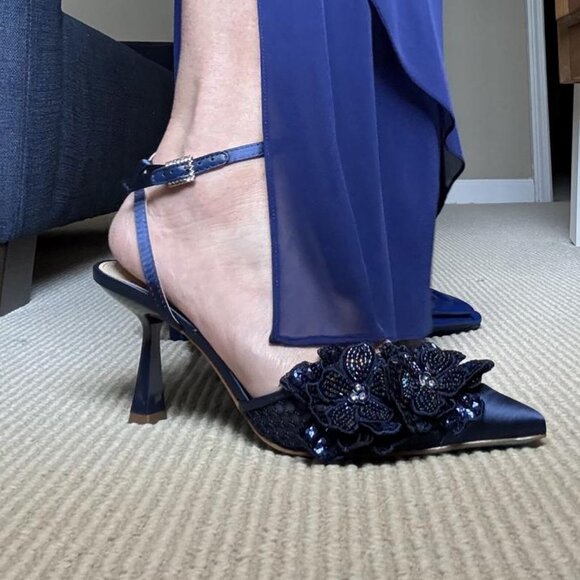 NEW BETSEY JOHNSON Susie Embellished Heels in navy for women 825 3m7 - Picture 1 of 14
